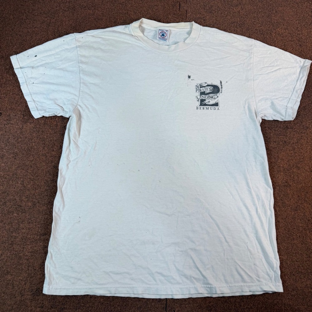 Delta Pirates Landing Bermuda T Shirt Mens Large White Graphic Souvenir Tee 3052